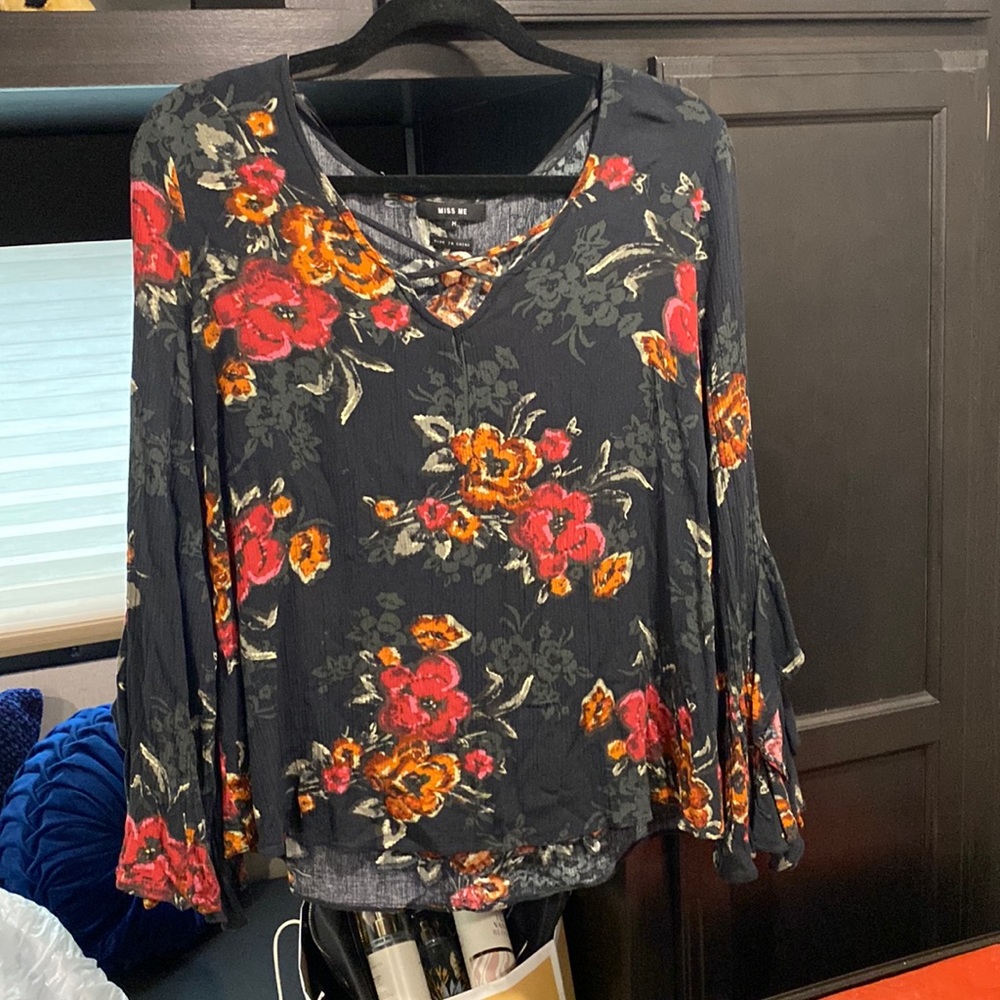 Miss Me Black Floral Bell Sleeved Ruffle Blouse